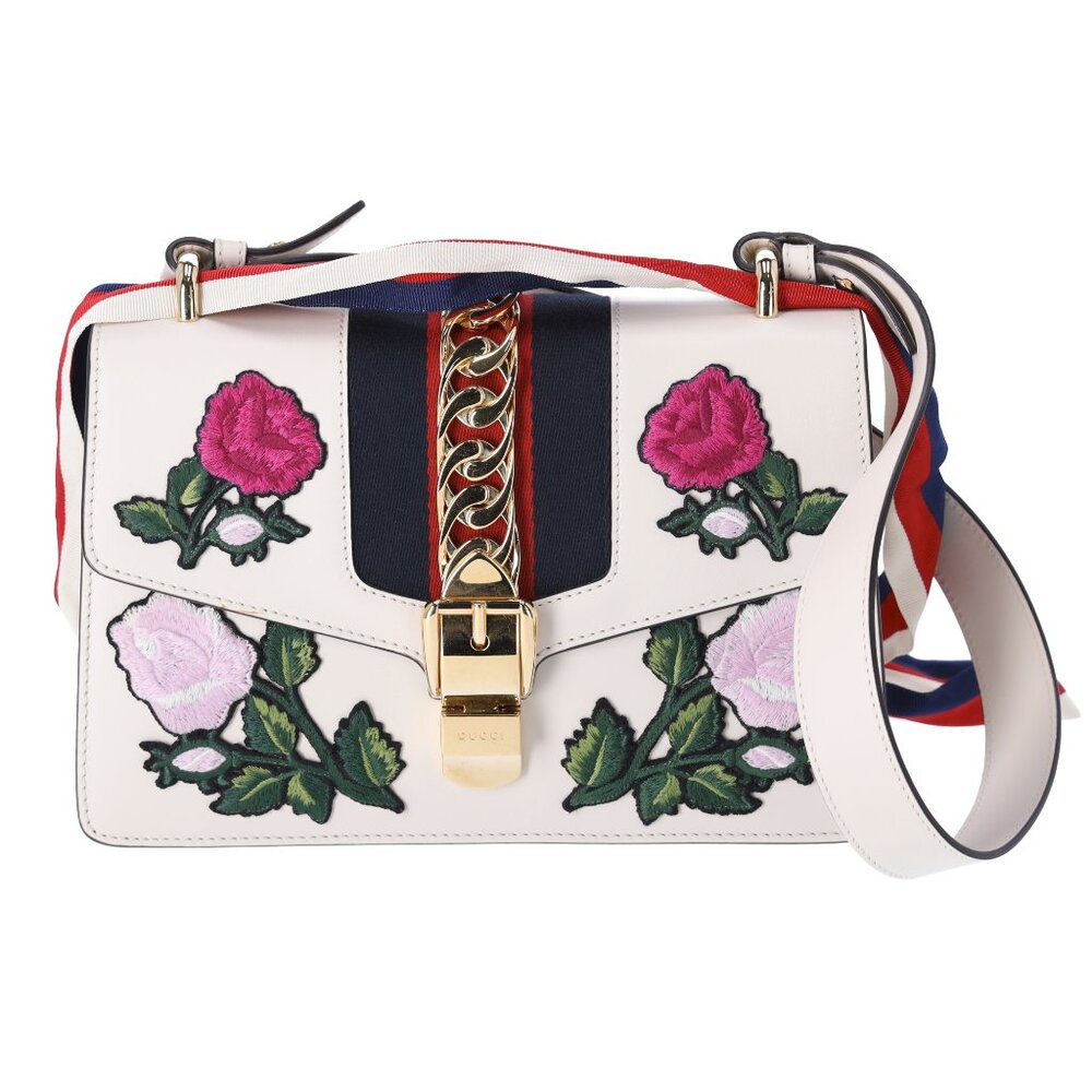 GUCCI Sylvie Shoulder Bag 421882 White Pink Multi Leather Floral Embroidery - Picture 1 of 10